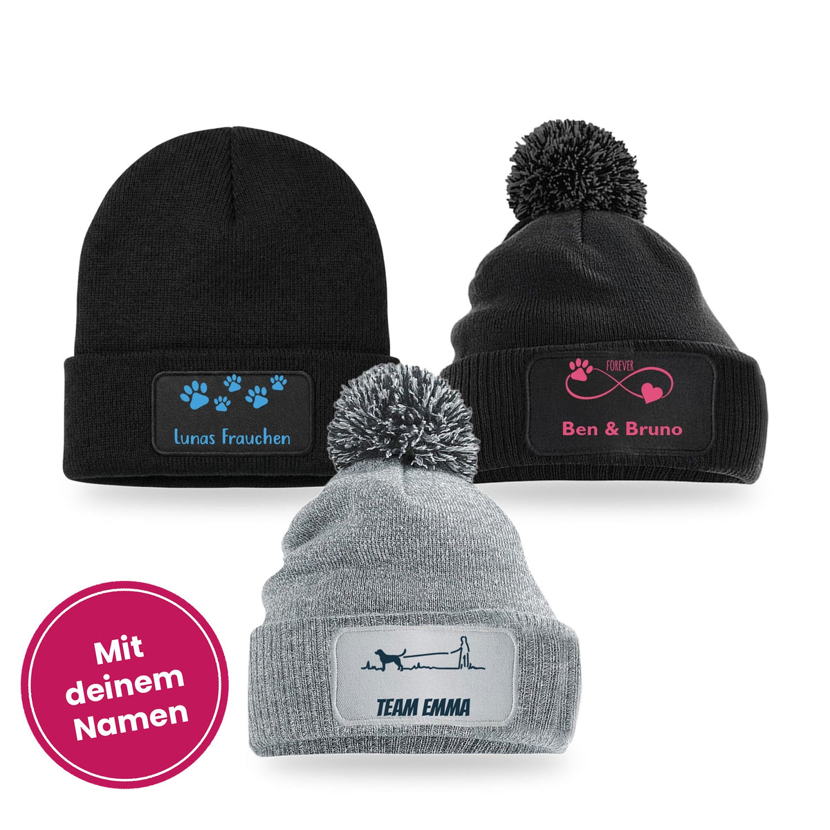 Personalisierte Strickmützen mit Hundemotiv und deinem Namen: Beanie schwarz und Bommelmützen schwarz und grau-meliert