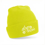 Neongelbe Strickmütze mit Dog-Mom-Motiv in Weiß