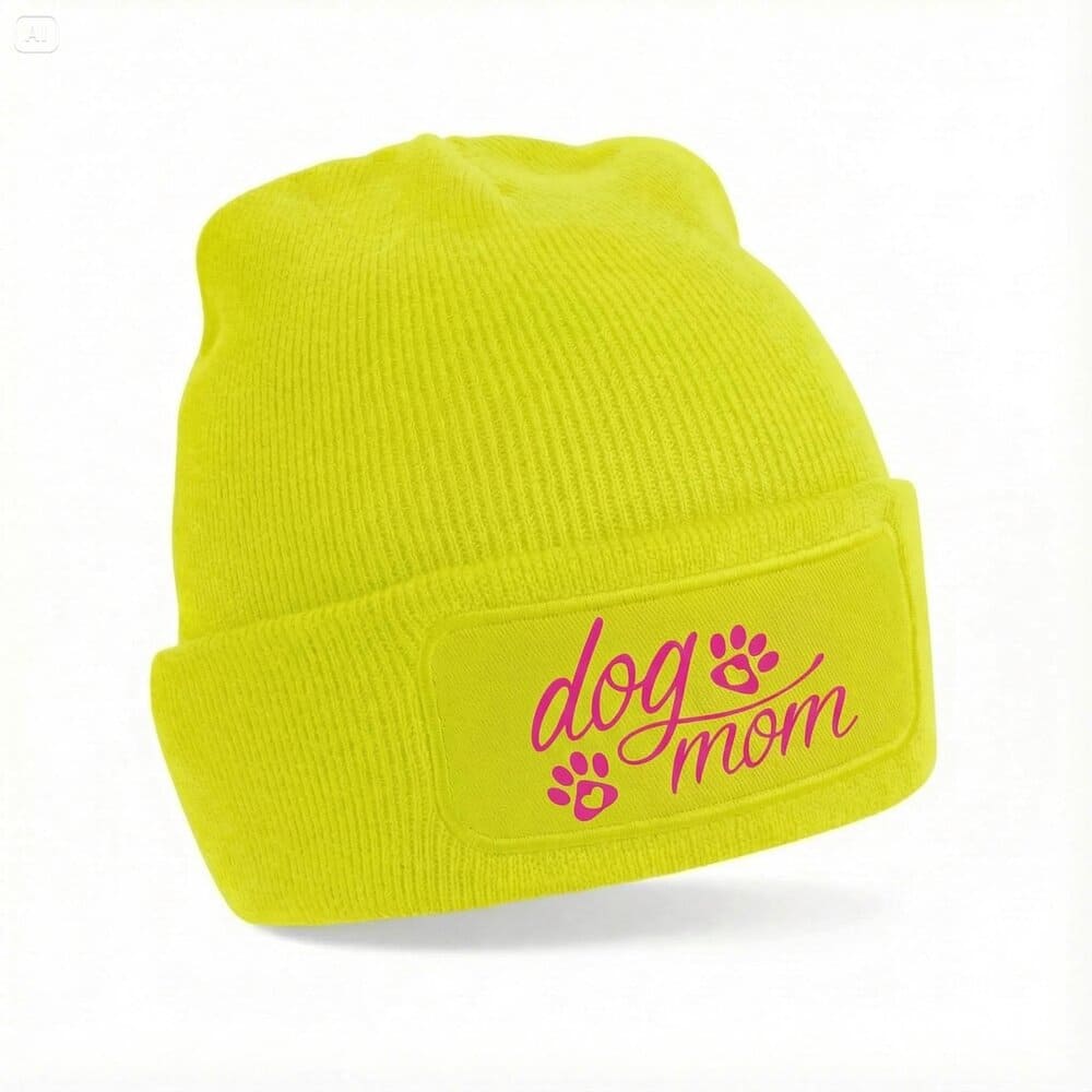 Neon yellow knitted hat dog quote - dog mom