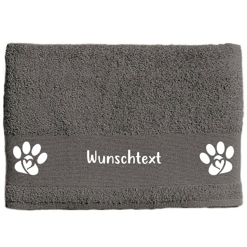 Hunde-Handtuch anthrazit mit Pfote und Herz und Wunschname