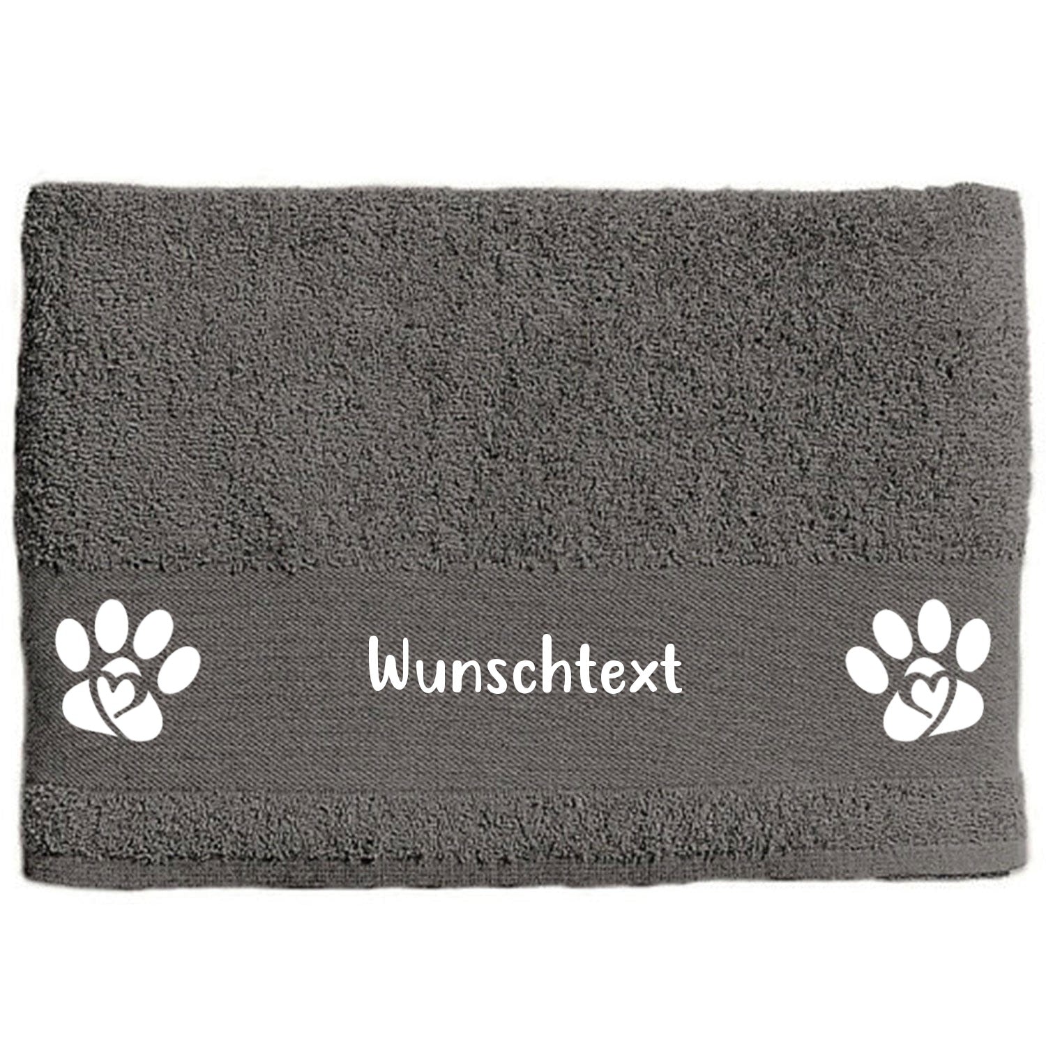 Hunde-Handtuch anthrazit mit Pfote und Herz und Wunschname