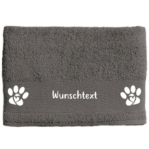 Hunde-Handtuch anthrazit mit Pfote und Herz und Wunschname