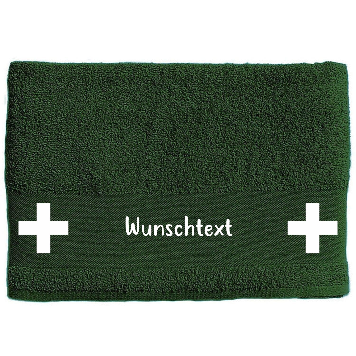 Hunde-Handtuch gruen mit Rettungshund-Kreuz und Wunschname