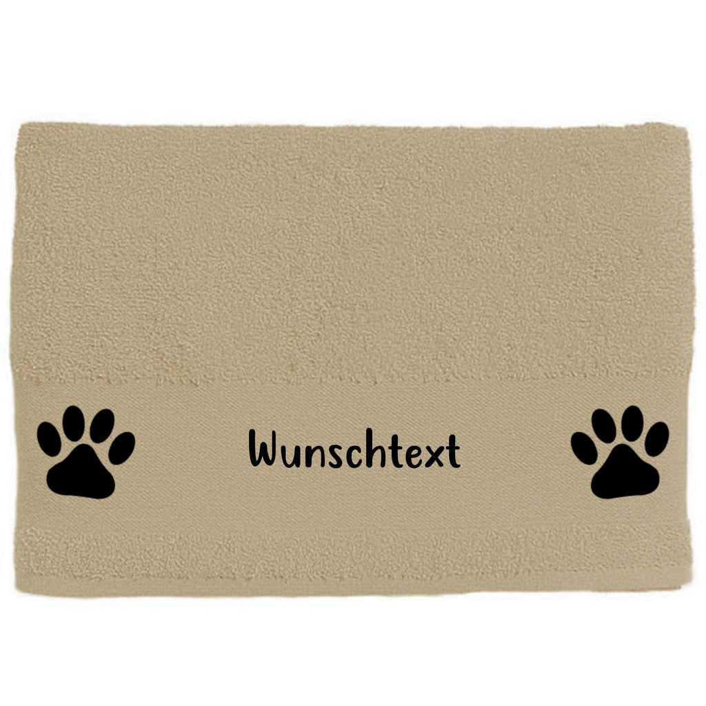 Hunde-Handtuch beige mit Pfoten in schwarzem Druck und Wunschname