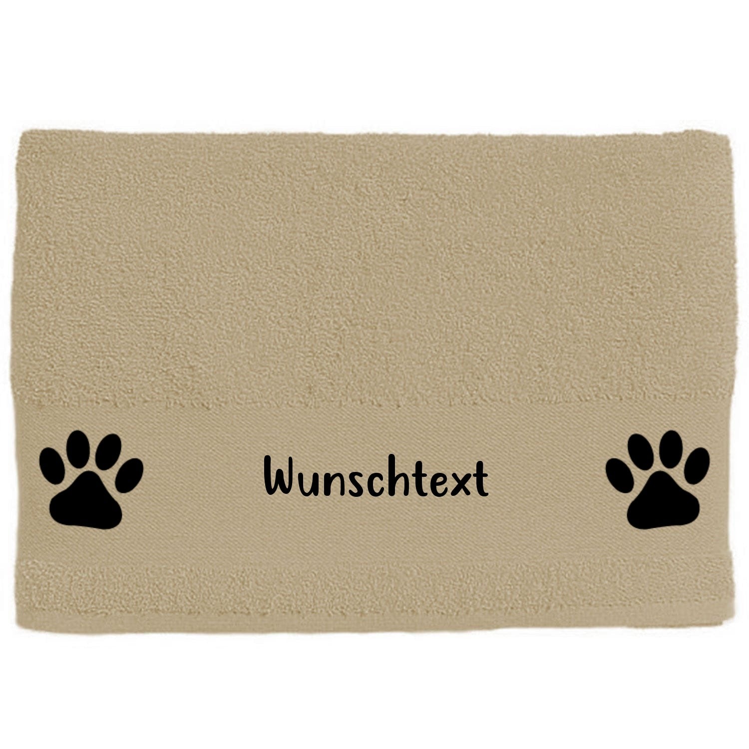 Hunde-Handtuch beige mit Pfoten in schwarzem Druck und Wunschname