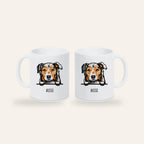 Weiße Keramiktasse mit Stilporträt eines Australian Shepherd und dem Namen Aussie, Ansicht beider Seiten
