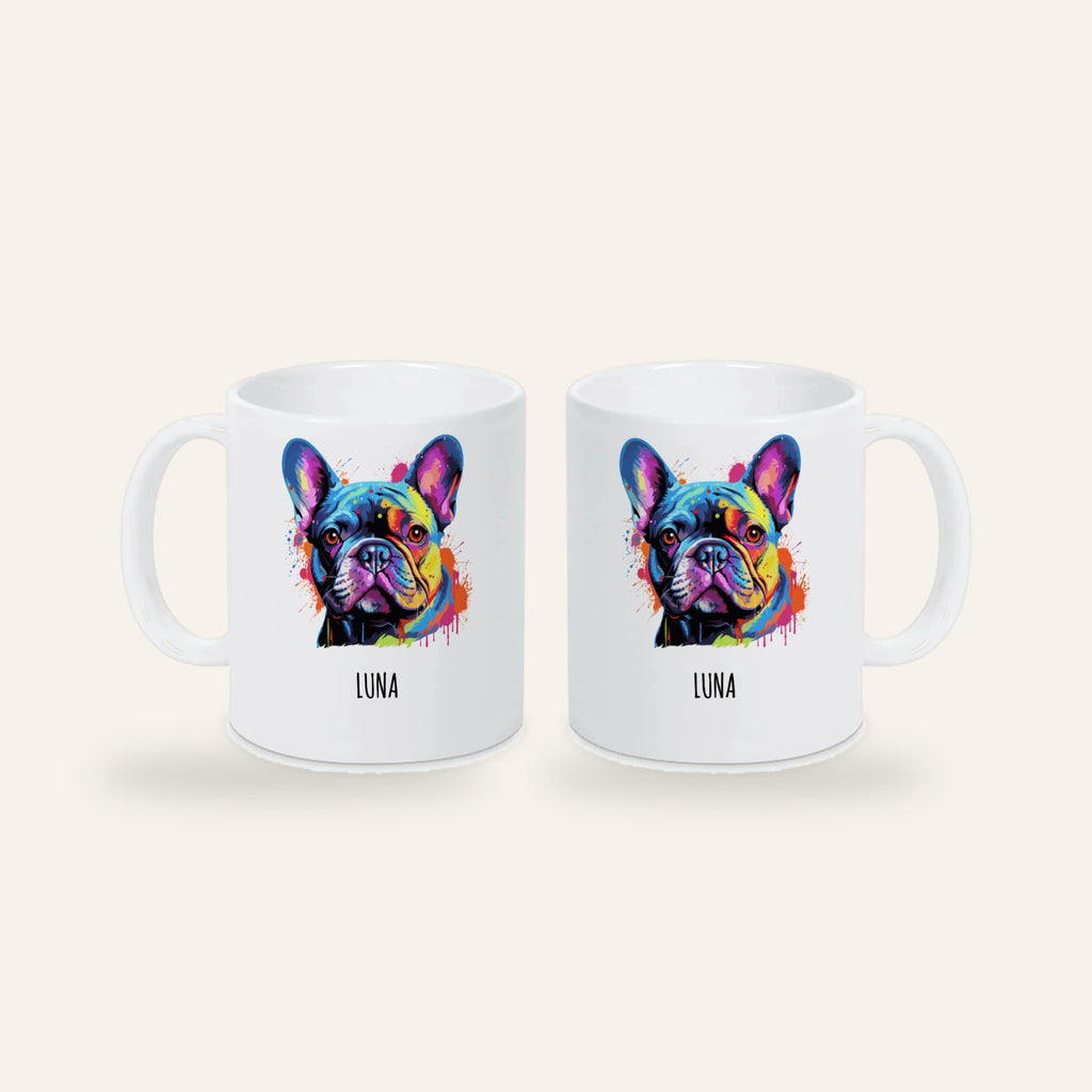 Weiße Keramiktasse mit buntem Pop-Art-Porträt einer Französischen Bulldogge und dem Namen Luna, Ansicht beider Seiten