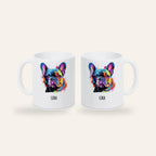 Weiße Keramiktasse mit buntem Pop-Art-Porträt einer Französischen Bulldogge und dem Namen Luna, Ansicht beider Seiten