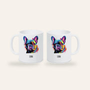 Weiße Keramiktasse mit buntem Pop-Art-Porträt einer Französischen Bulldogge und dem Namen Luna, Ansicht beider Seiten