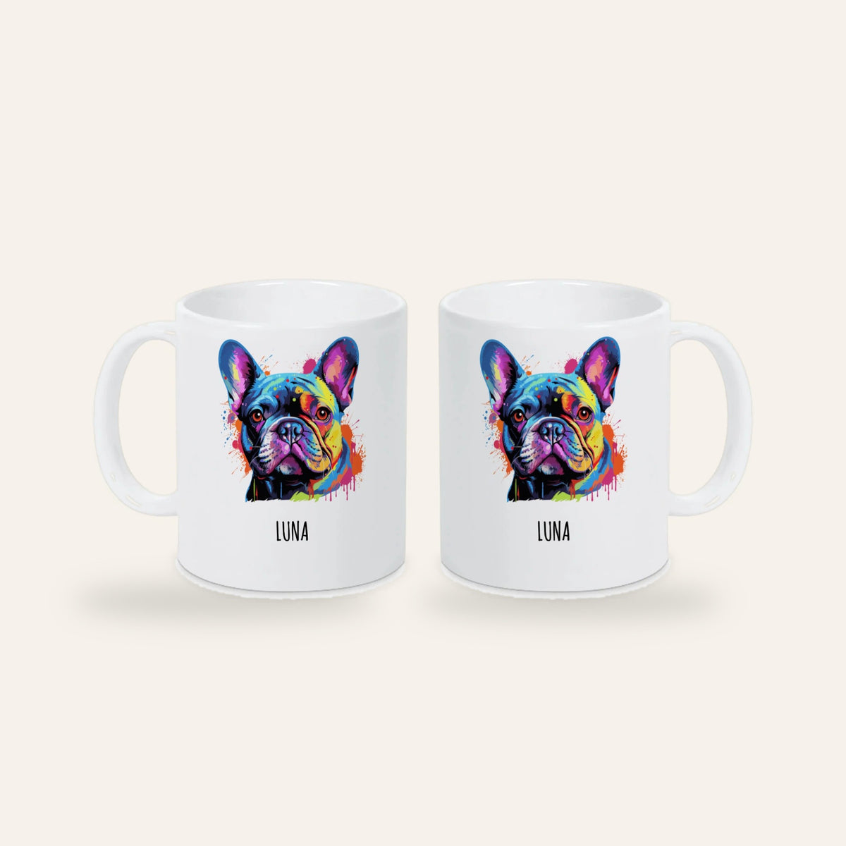 Weiße Keramiktasse mit buntem Pop-Art-Porträt einer Französischen Bulldogge und dem Namen Luna, Ansicht beider Seiten
