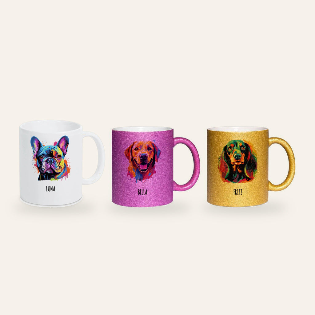 Drei Pop-Art-Tassen in Weiß, Pink und Gold mit Bulldogge, Labrador und Dackel und eigenem Namen