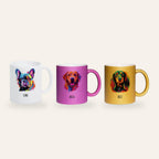 Drei Pop-Art-Tassen in Weiß, Pink und Gold mit Bulldogge, Labrador und Dackel und eigenem Namen