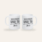 Weiße Keramiktasse mit dem Spruch Tierisch verliebter Hundepapa und dem Namen Balu, Ansicht beider Seiten