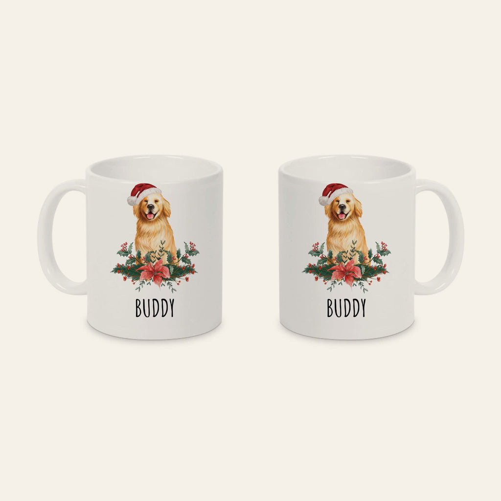 Weiße Weihnachtstasse mit lachendem Golden Retriever mit Weihnachtsmütze und dem Namen Buddy