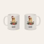 Weiße Weihnachtstasse mit lachendem Golden Retriever mit Weihnachtsmütze und dem Namen Buddy