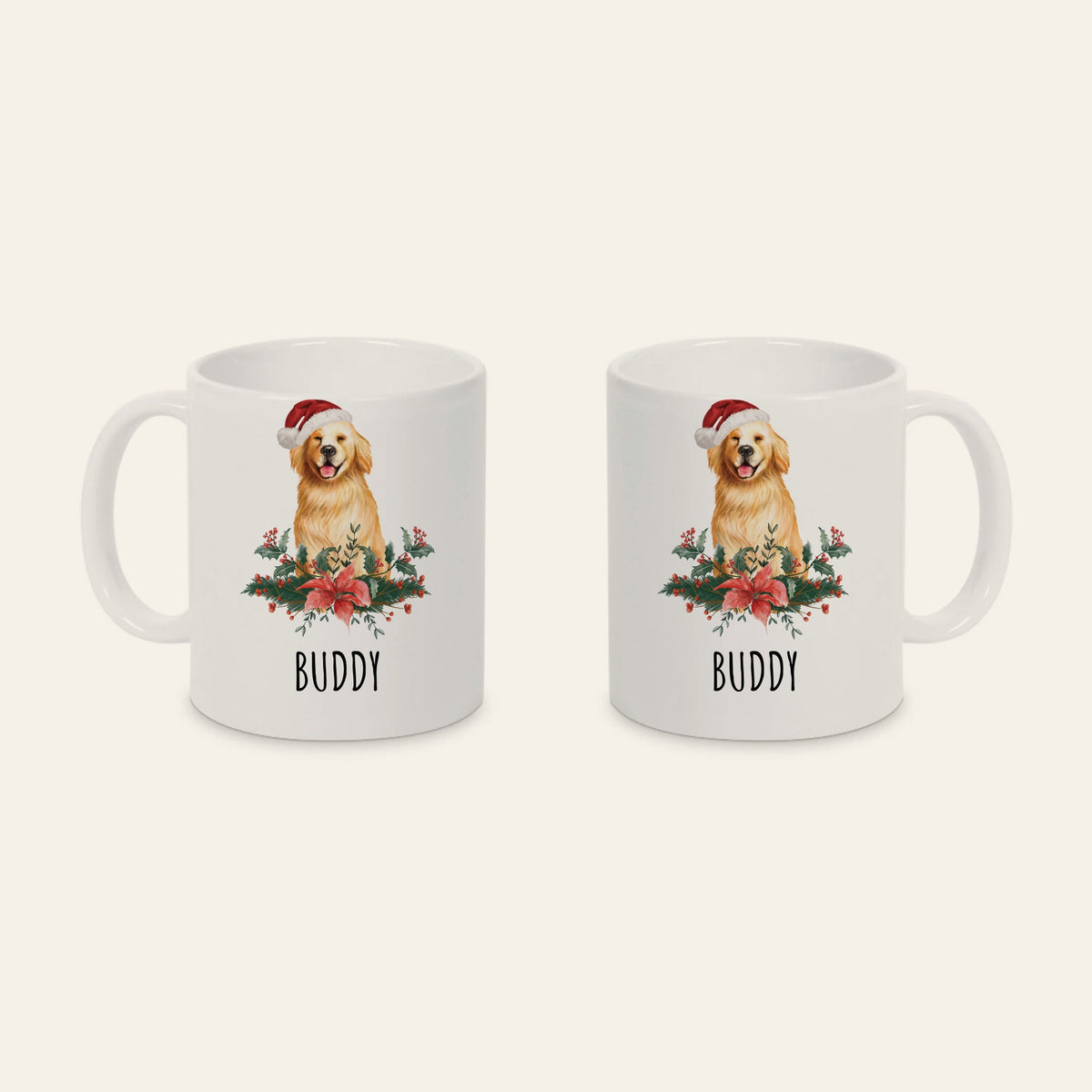 Weiße Weihnachtstasse mit lachendem Golden Retriever mit Weihnachtsmütze und dem Namen Buddy