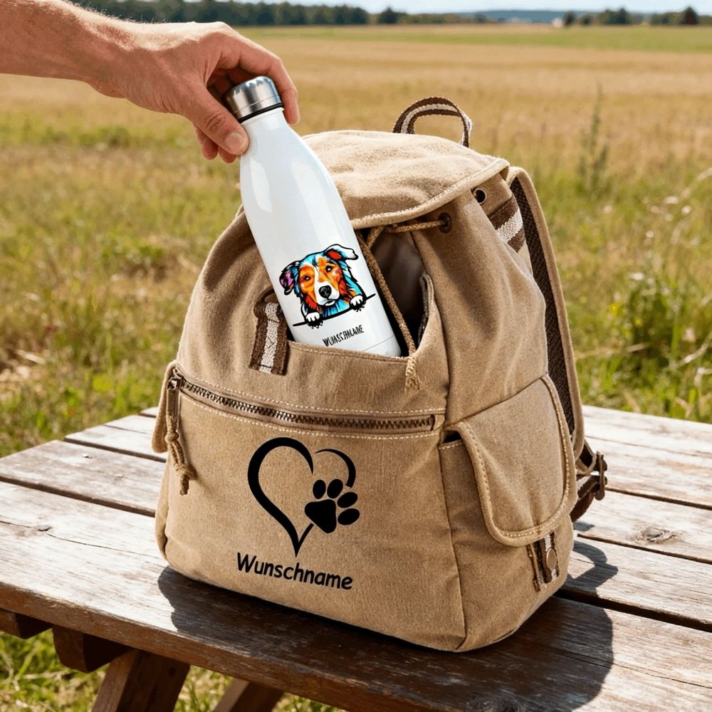 Hunderassen Thermosflasche Comic-in  khaki-farbenem Rucksack