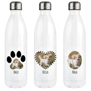 Personalisierte Thermosflasche mit Hundefoto und Wunschname in den Designs Pfote, Pfotenherz und Oval