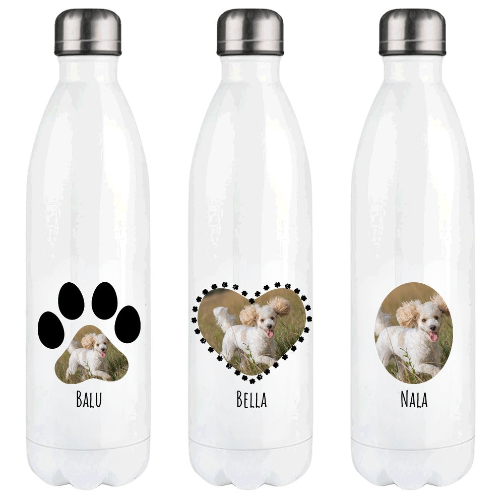Personalisierte Thermosflasche mit Hundefoto und Wunschname in den Designs Pfote, Pfotenherz und Oval