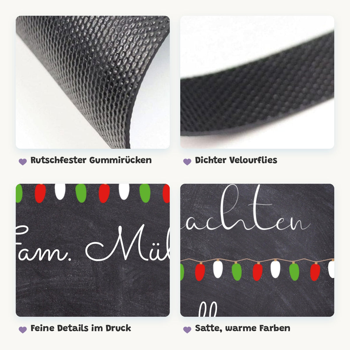 Details der Fußmatte „Lichterkette“: Gummirücken, Velourflies, feiner Druck und satte Farben