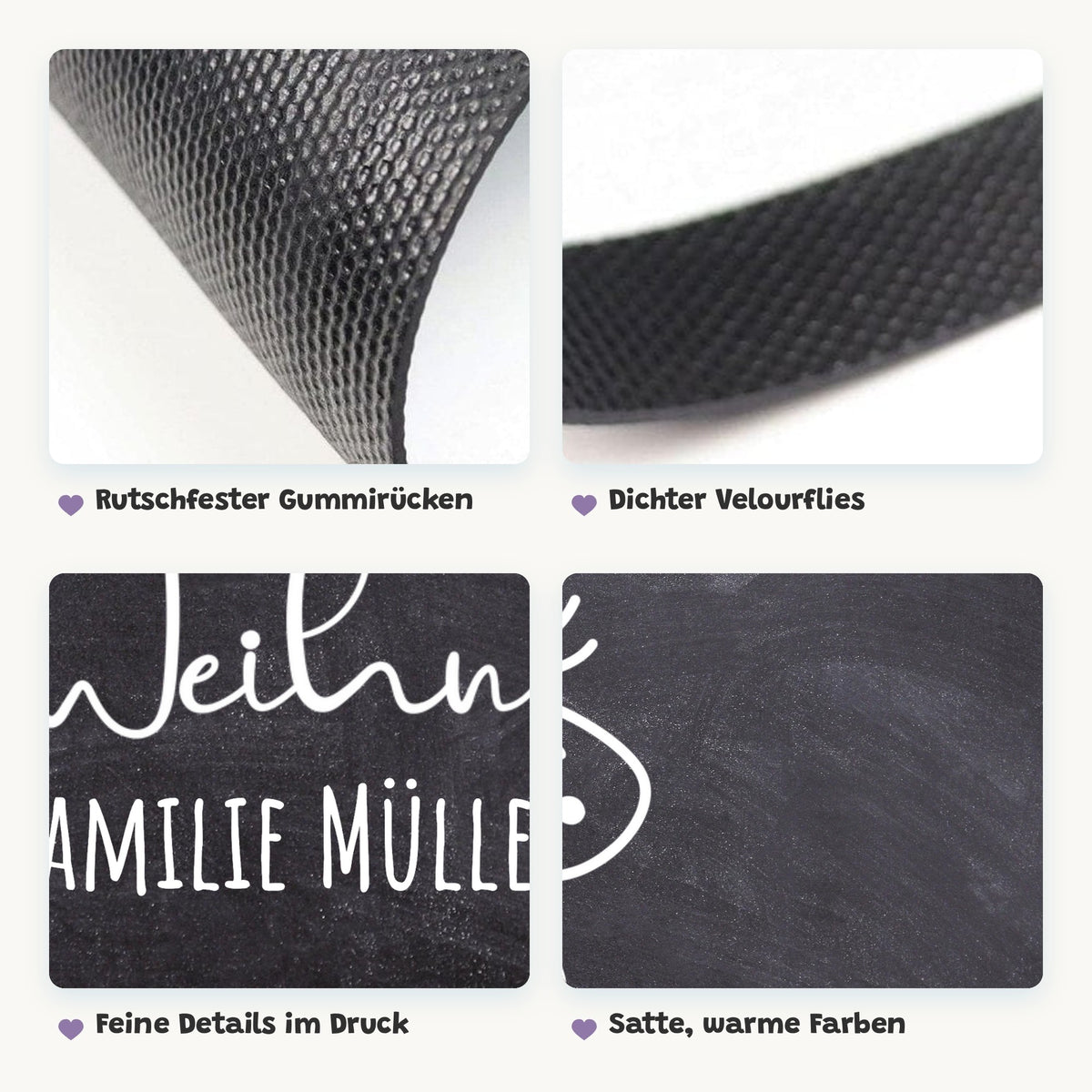 Details der Fußmatte „Weihnachts-Elch“: Gummirücken, Velourflies, feiner Druck und satte Farben