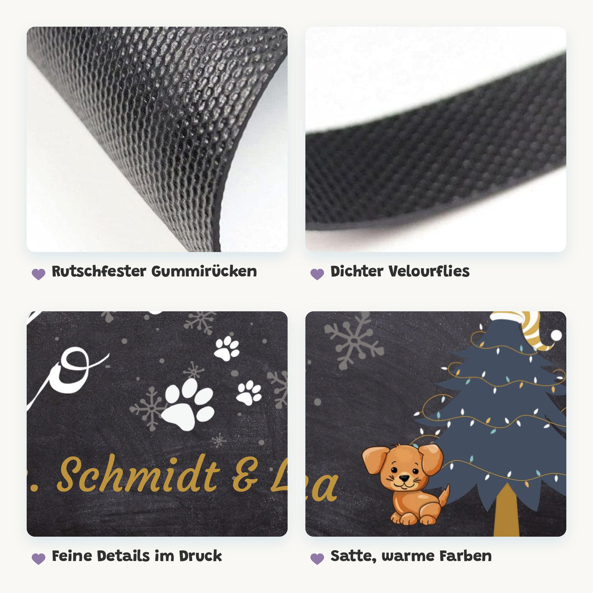Details der Fußmatte „Weihnachts-Hund“: Gummirücken, Velourflies, feiner Druck und satte Farben