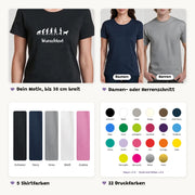 Details des Evolution-T-Shirts: Motiv bis 30 cm breit, Damen- oder Herrenschnitt, 5 Shirtfarben, 22 Druckfarben