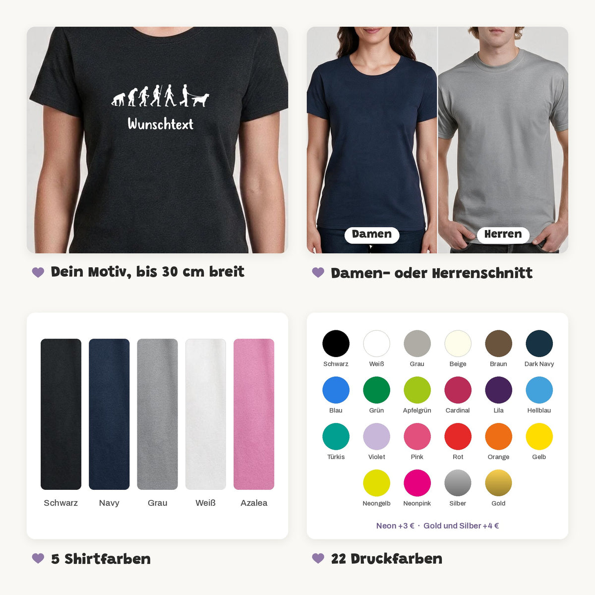 Details des Evolution-T-Shirts: Motiv bis 30 cm breit, Damen- oder Herrenschnitt, 5 Shirtfarben, 22 Druckfarben