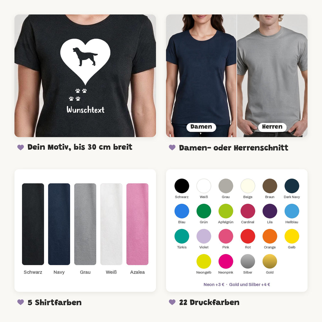 Details des T-Shirts Herz mit Hund: Motiv bis 30 cm breit, Damen- oder Herrenschnitt, 5 Shirtfarben, 22 Druckfarben