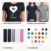 Details des T-Shirts Herz mit Hund: Motiv bis 30 cm breit, Damen- oder Herrenschnitt, 5 Shirtfarben, 22 Druckfarben