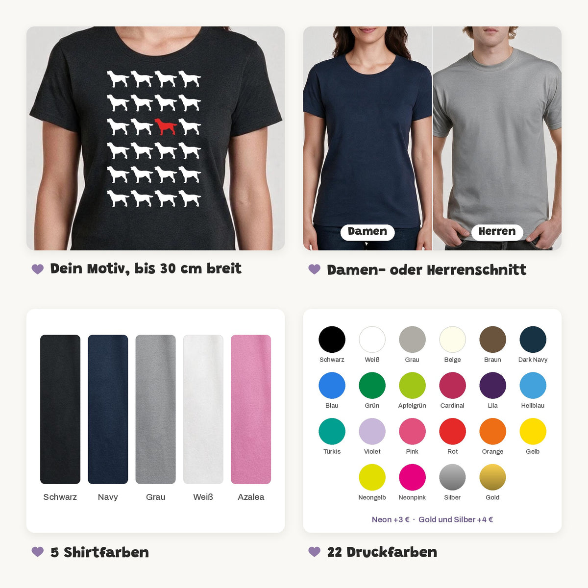 Details des T-Shirts mit Rudelmuster: Motiv bis 30 cm breit, Damen- oder Herrenschnitt, 5 Shirtfarben, 22 Druckfarben