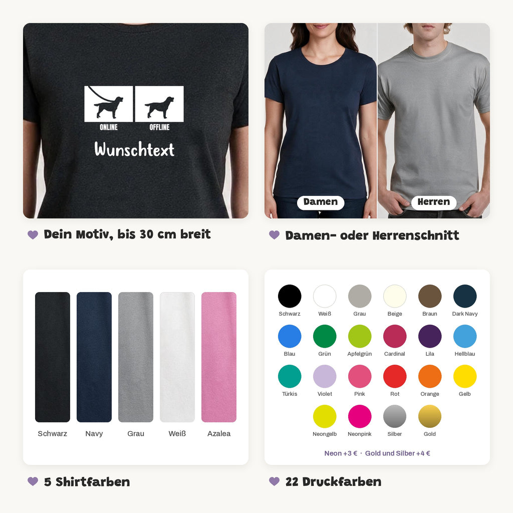 Details des Online-Offline-T-Shirts: Motiv bis 30 cm breit, Damen- oder Herrenschnitt, 5 Shirtfarben, 22 Druckfarben