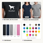 Details des T-Shirts mit Rassen-Silhouette: Motiv bis 30 cm breit, Damen- oder Herrenschnitt, 5 Shirtfarben, 22 Druckfarben