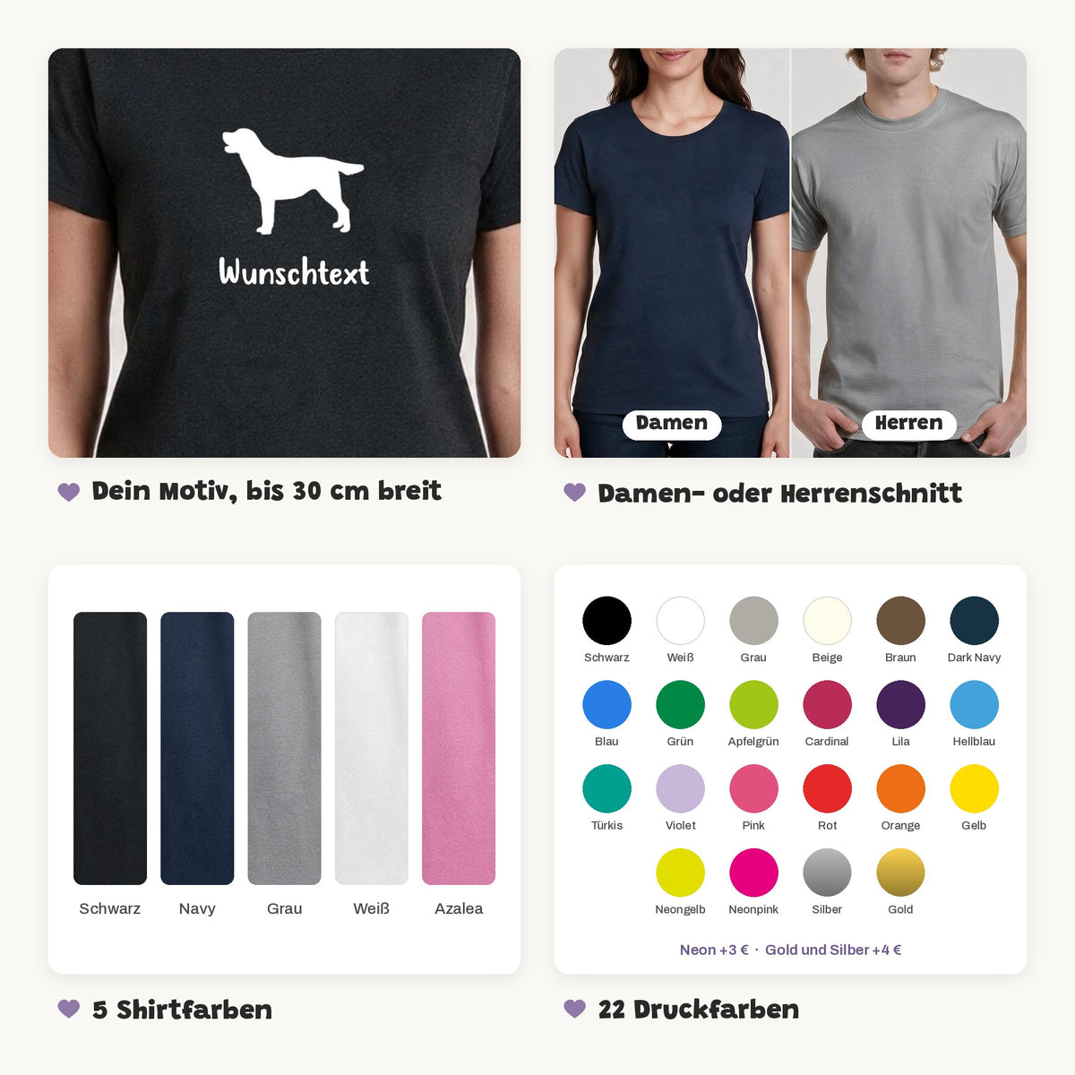 Details des T-Shirts mit Rassen-Silhouette: Motiv bis 30 cm breit, Damen- oder Herrenschnitt, 5 Shirtfarben, 22 Druckfarben