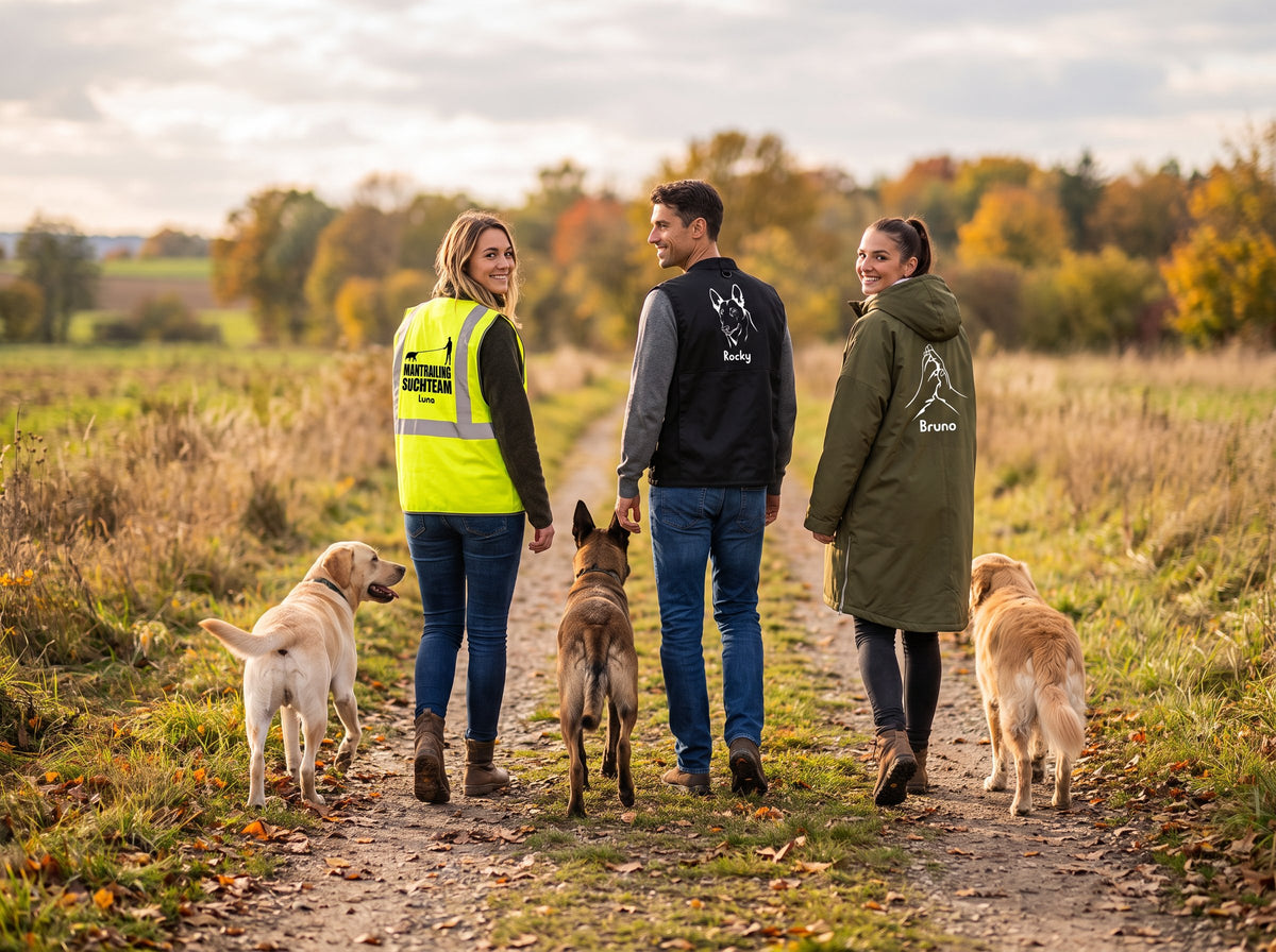 Drei Hundemenschen mit Warnweste, Hundesportweste und Gassi-Mantel und ihre Hunde auf einem Feldweg