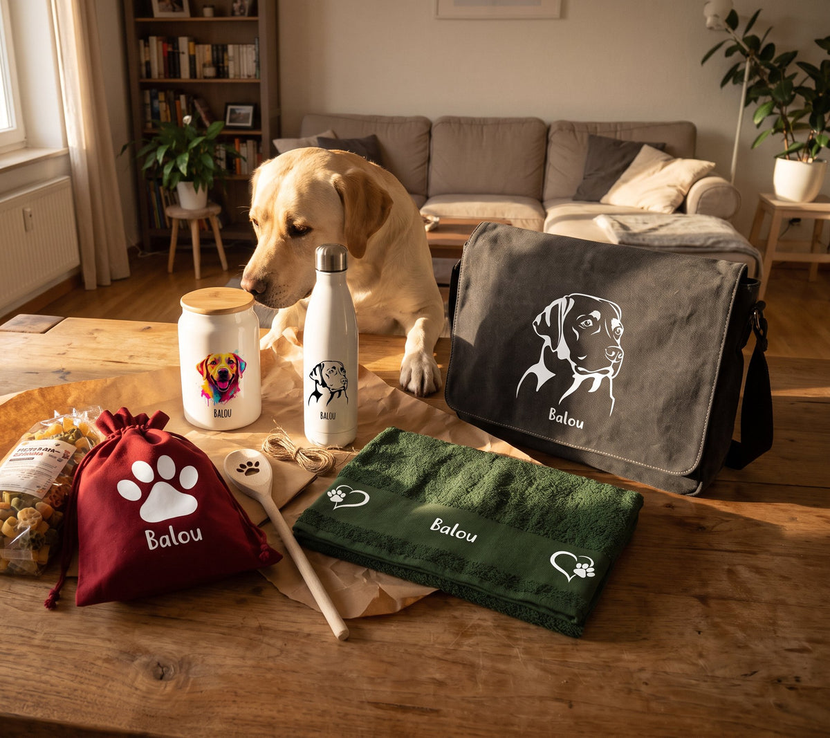 Gelber Labrador schnuppert an personalisierten Geschenken auf einem Holztisch: Leckerlidose, Thermosflasche, Geschenkset, Handtuch und Messenger Bag
