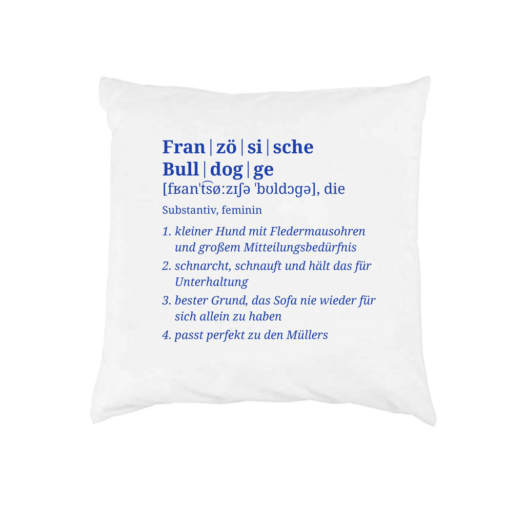 Kissen mit Wörterbuch-Eintrag zur Französischen Bulldogge in Kobaltblau