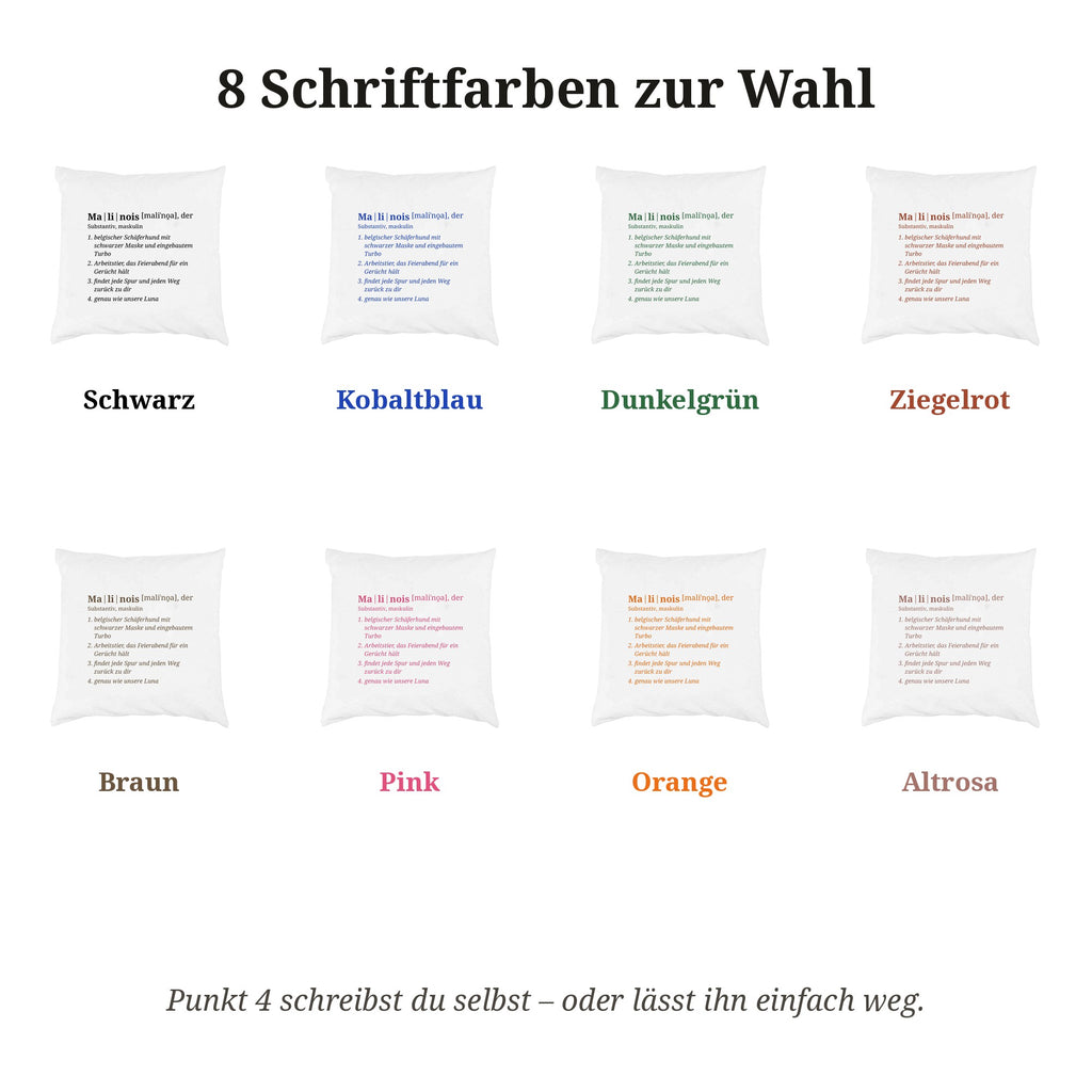 Übersicht der 8 Schriftfarben für das Wörterbuch-Kissen