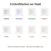 Übersicht der 8 Schriftfarben für das Wörterbuch-Kissen