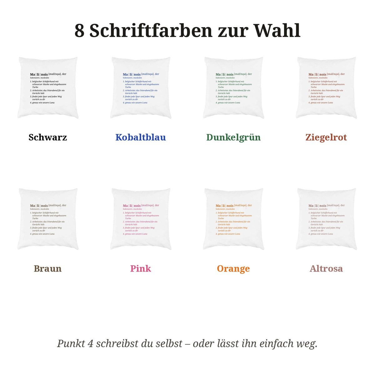 Übersicht der 8 Schriftfarben für das Wörterbuch-Kissen