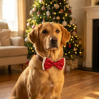 Golden Retriever mit roter Weihnachtsfliege im Pfötchen-Design vor dem Weihnachtsbaum