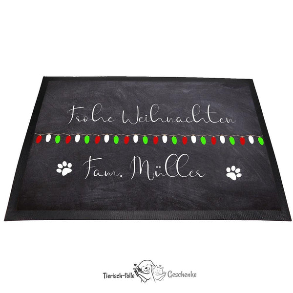 Weihnachts-Fußmatte mit bunter Lichterkette, „Frohe Weihnachten“ und Familienname