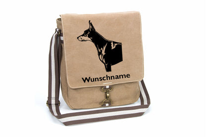 Dobermann 2 Canvas Schultertasche Tasche mit Hundemotiv und Namen