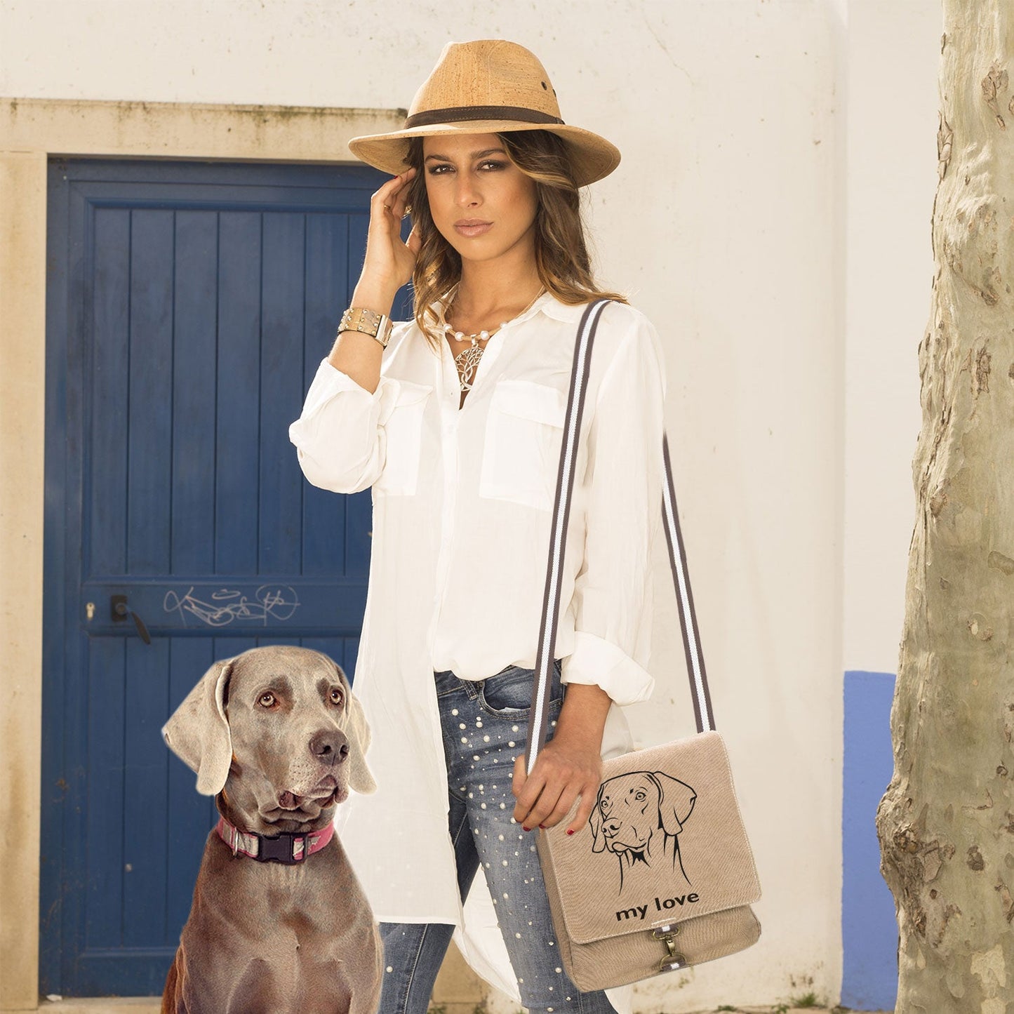 Spanischer Wasserhund Perro de Agua Español Canvas Schultertasche Tasche mit Hundemotiv und Namen