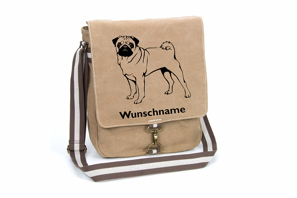 Mops stehend Canvas Schultertasche Tasche mit Hundemotiv und Namen