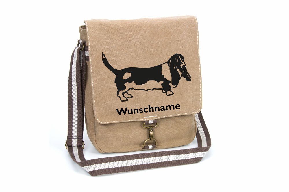 Basset 4 Canvas Schultertasche Tasche mit Hundemotiv und Namen