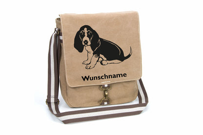 Basset 3 Canvas Schultertasche Tasche mit Hundemotiv und Namen