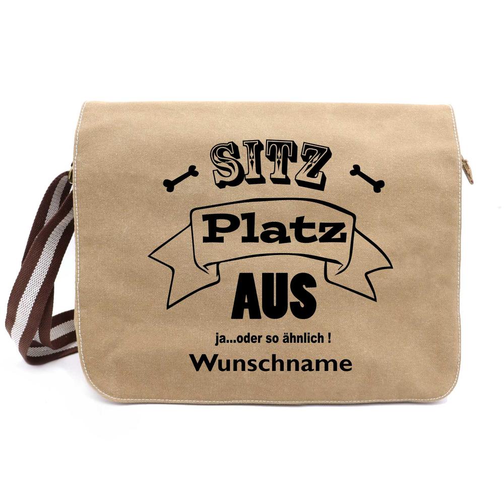SITZ PLATZ AUS - Canvas Schultertasche Messenger mit Namen - Tierisch tolle Geschenke