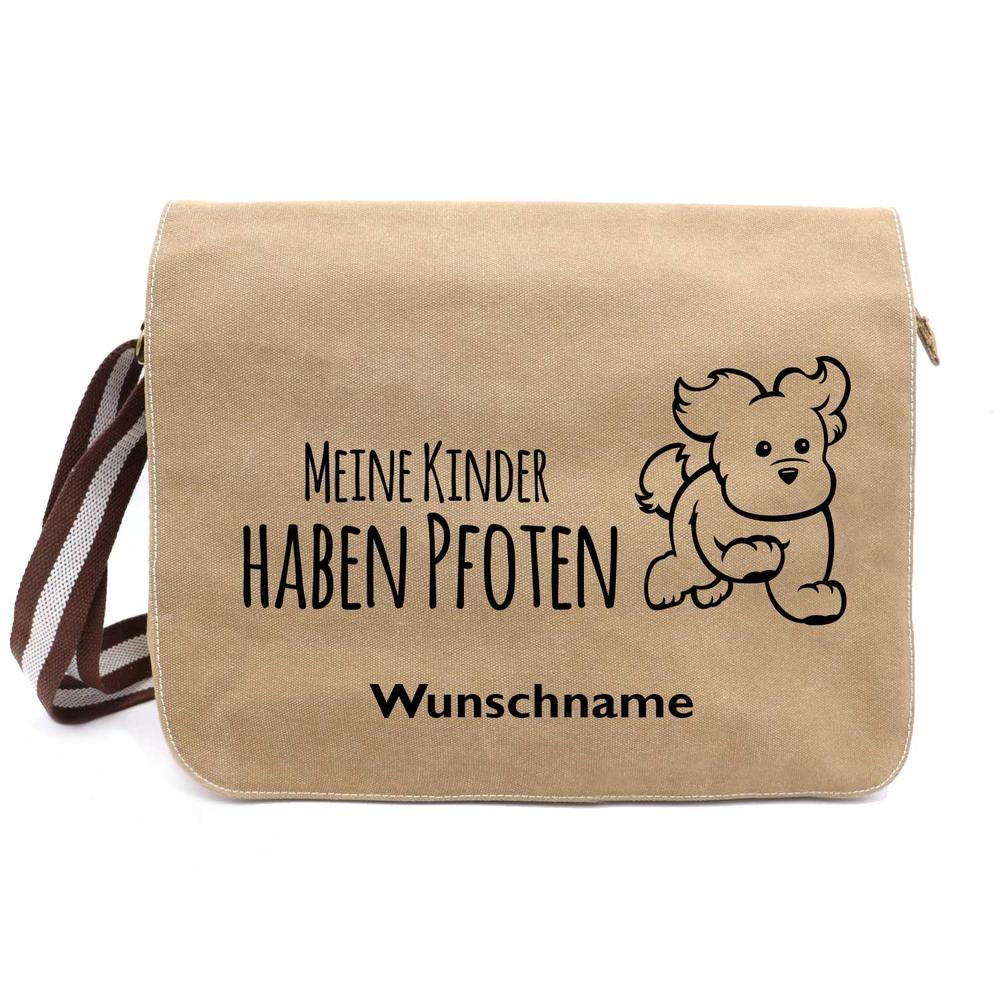 Meine Kinder haben Pfoten - Canvas Schultertasche Messenger mit Namen - Tierisch tolle Geschenke