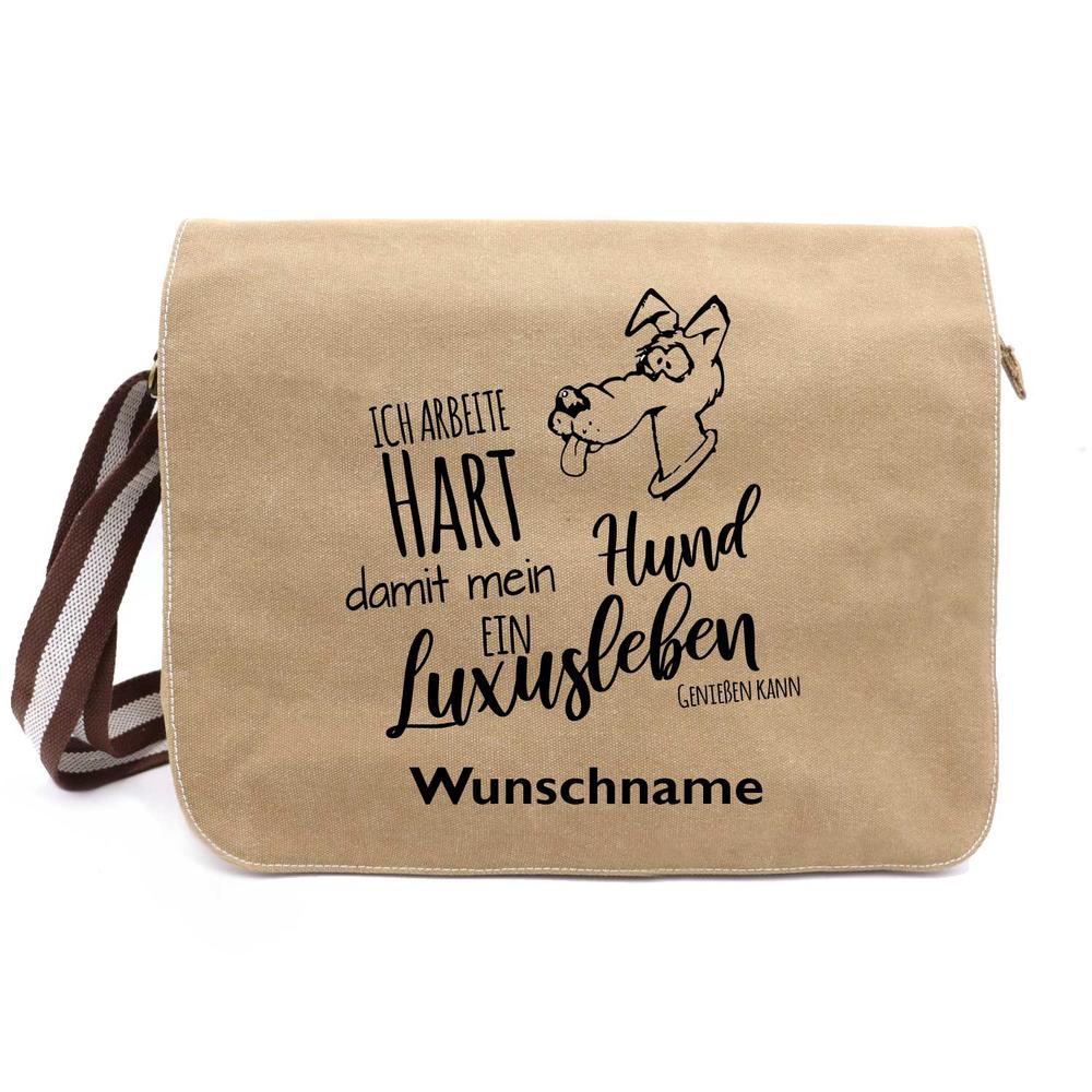 Ich arbeite hart Hund 2 - Canvas Schultertasche Messenger mit Namen - Tierisch tolle Geschenke